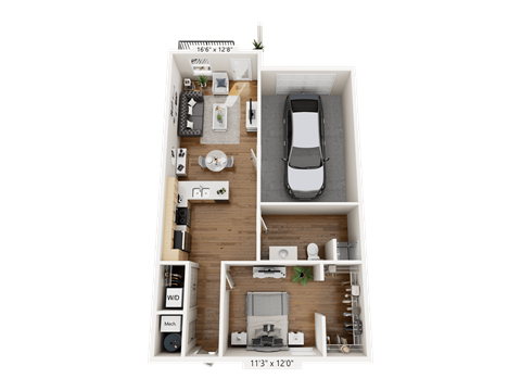 Floor plan for 1 bed, 1 bath, 742 sqft